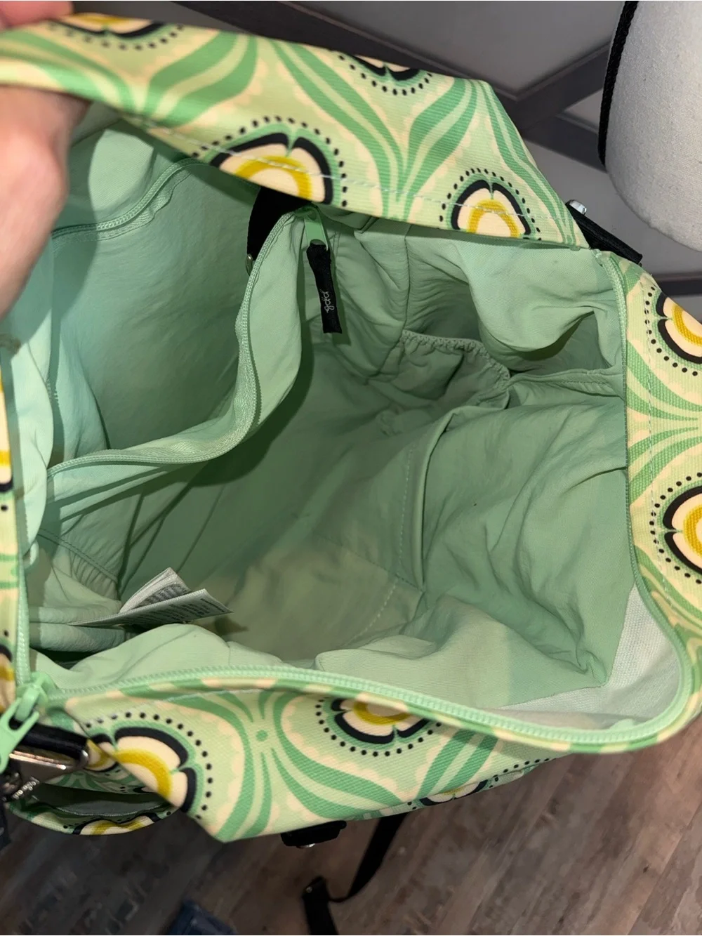 Petunia Pickle Bottom Mint Green and Yellow Patterned Diaper Bag
